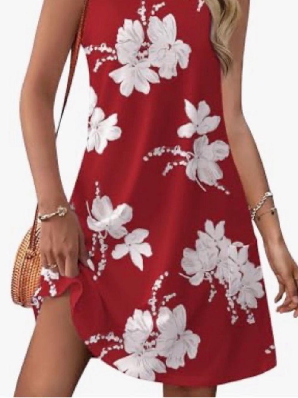 Amazon Red Floral Mini Dress with White Flowers